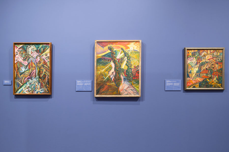 Drei Gemälde von Anton Peschka Sen.: Landschaft mit Häusern, 1919, Pappeln in hügeliger Landschaft, Drei Gemälde von Anton Peschka Sen.: Landschaft mit Häusern, 1919, Pappeln in hügeliger Landschaft,