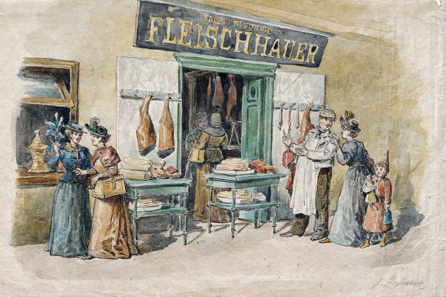 Gustav Zafaurek, Vor dem Fleischhauerladen, um 1880/90, Foto: Wien Museum Gustav Zafaurek, Vor dem Fleischhauerladen, um 1880/90, Foto: Wien Museum