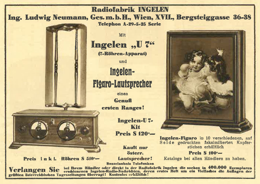 Zeitungsinserat für den Detektor Ingelen „U7“, 1928, Quelle: Technisches Museum Wien/Archiv 