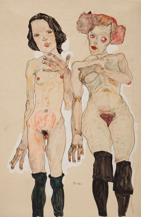 Egon Schiele: Zwei nackte Mädchen mit schwarzen Strümpfen (1910) © Privatbesitz